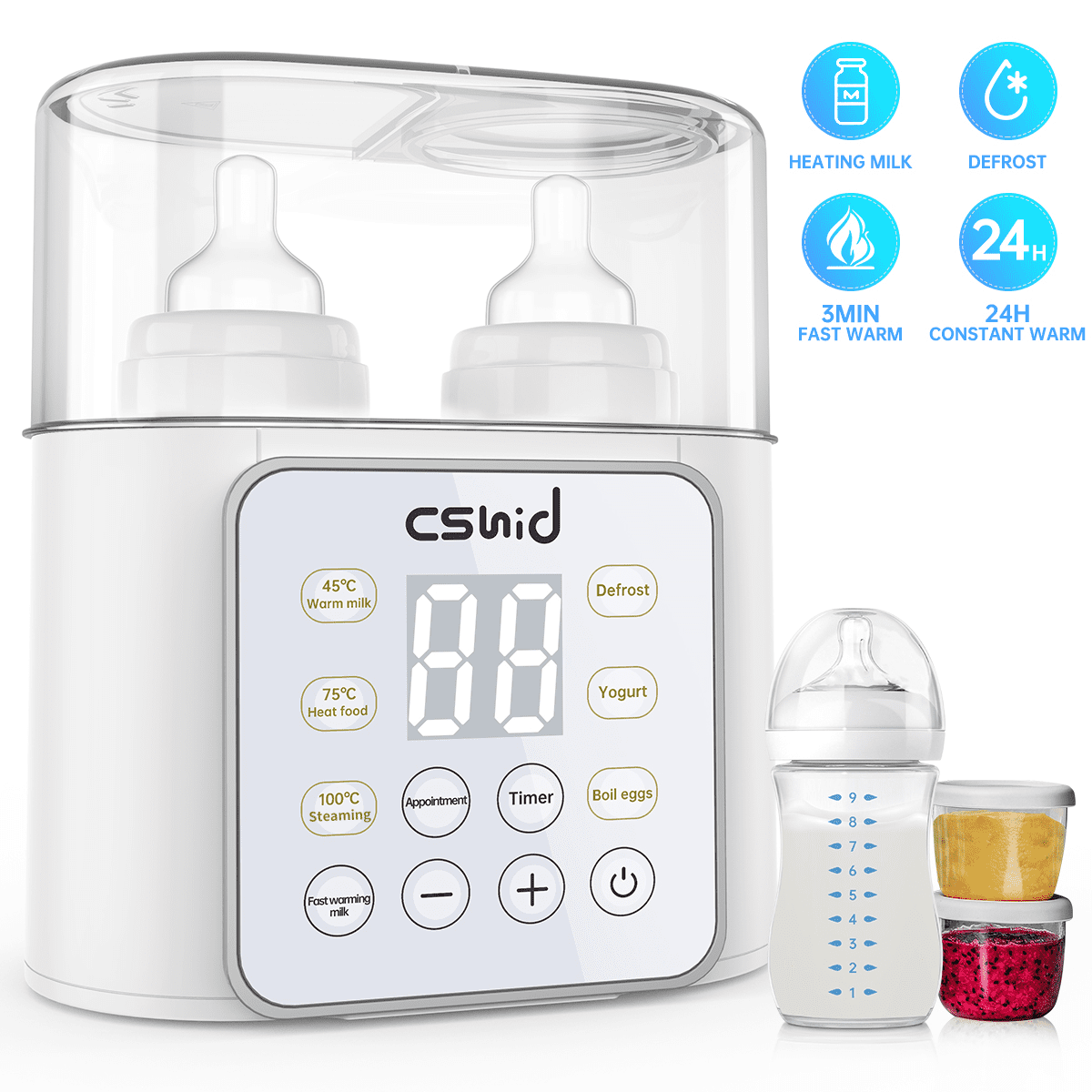 Cshidworld Baby Bottle Warmer, 9-in-1 Fast Milk Warmer Babies Food Heater & Defrost, White