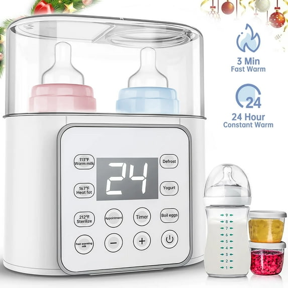 Reichtum Baby Bottle Warmer, 9-in-1 Portable Bottle Warmer with LCD Display, Double Bottles Fast Milk Warmer, White