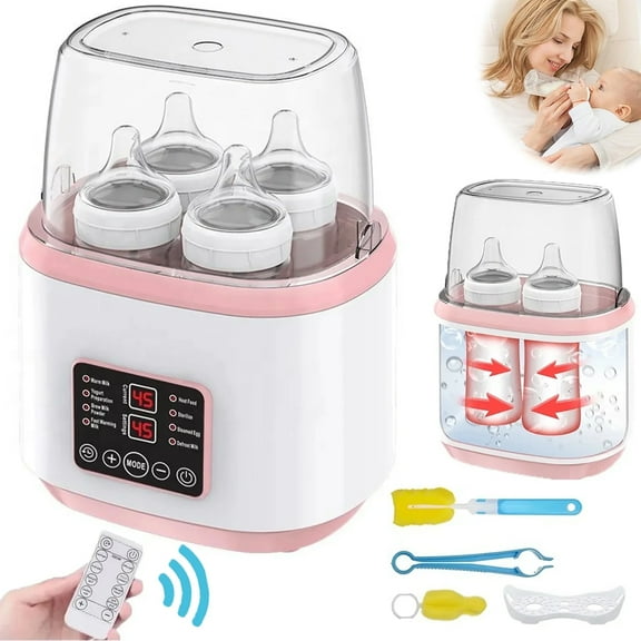 Baby Bottle Warmer and Sterilizer, 8-in-1 Multifuntion Breast Milk Warmer, Fast Baby Food Heater for Twins, LCD Display Accurate Temperature Adjustment, 24H Constant Mode with Remote, Pink