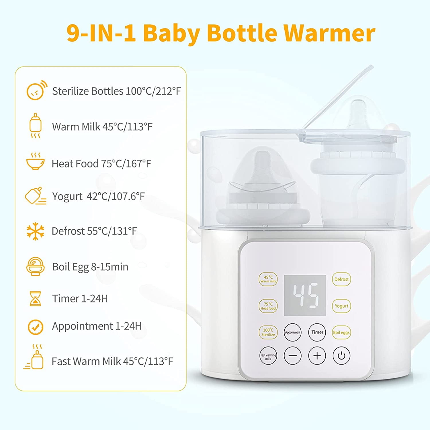 Baby Bottles Warmer, 9 in 1 Double Bottel Milk Warmer, Fast Food Heater & Defrost BPAFree with