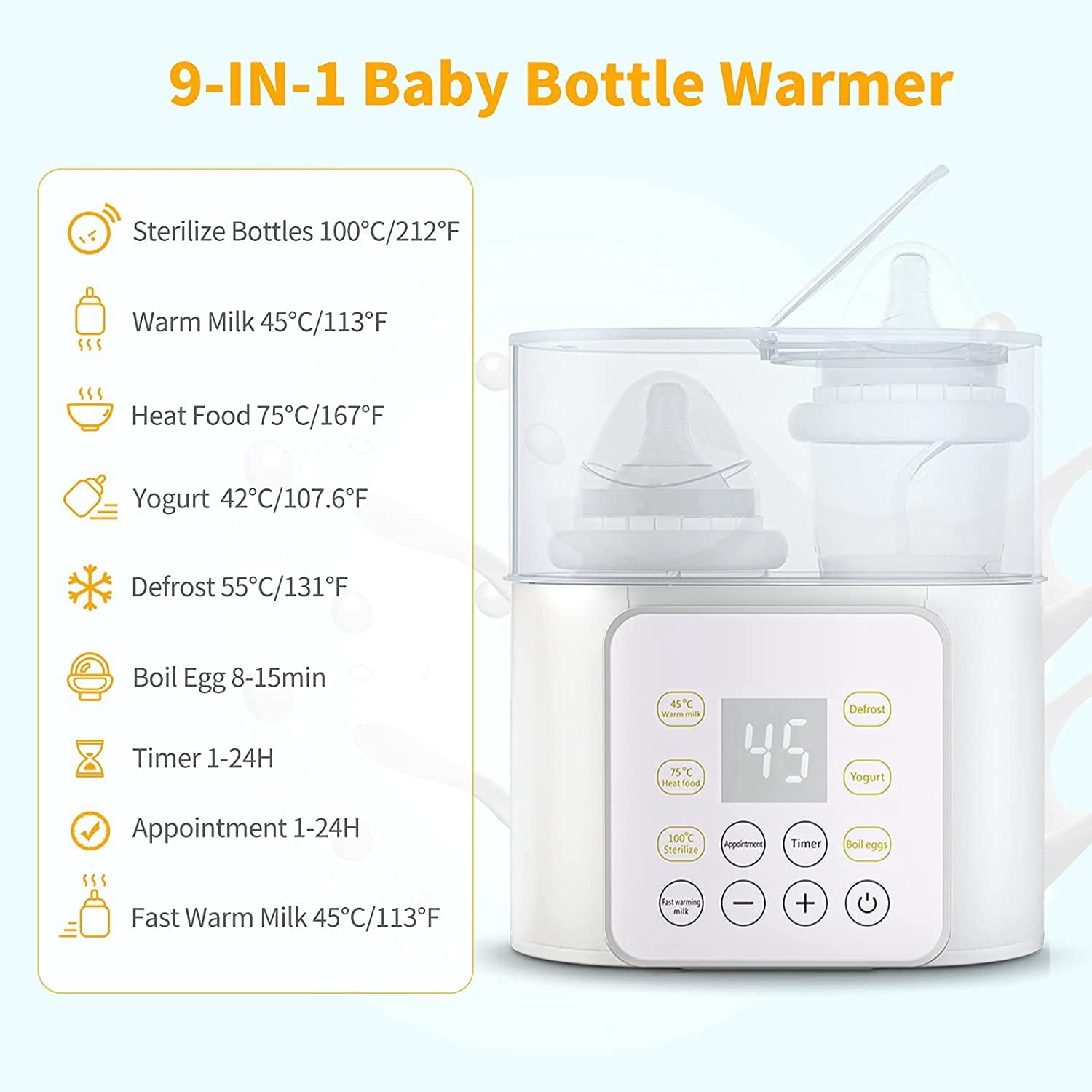 Baby Bottles Warmer, 9 in 1 Double Bottel Milk Warmer, Fast Food Heater & Defrost BPA-Free with Appointment, LCD Display, Timer & 24H Temperature Control for Breastmilk & Formula