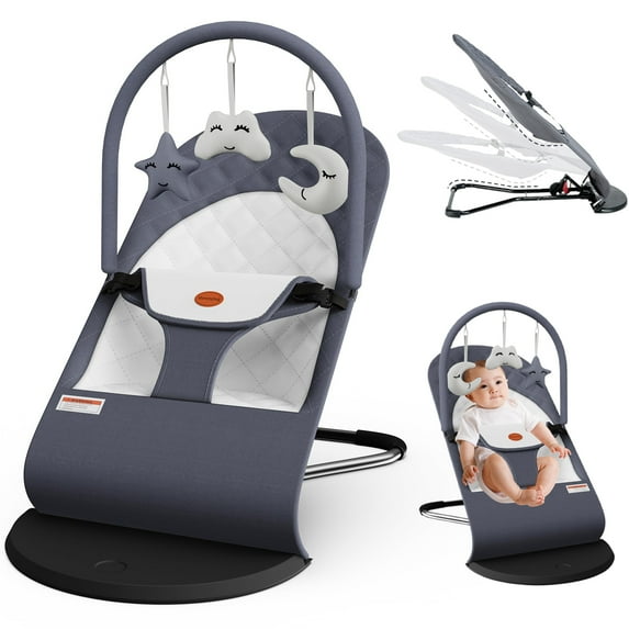 Baby Bouncer, Portable Baby Bouncer Seat for Babies 0-18 Months, 3 Modes of Use with Rocker & Stationary Options, Ergonomic Infant Chair with Hanging Toys Grey