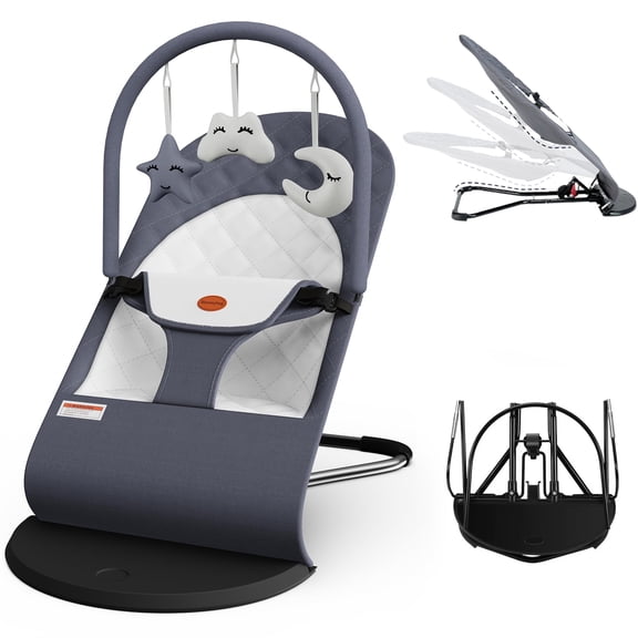 Baby Bouncer, Portable Baby Bouncer Seat for Babies 0-18 Months, 3 Modes of Use with Rocker & Stationary Options, Ergonomic Infant Chair with Hanging Toys Grey