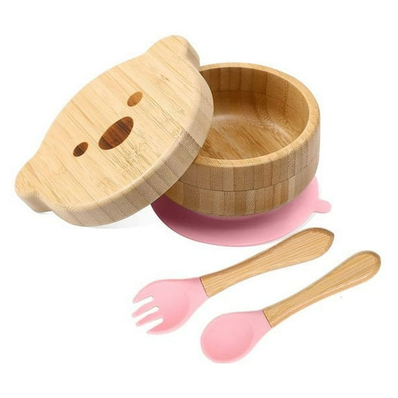 Baby Bowls with Lid - HBM Bamboo Suction Bowls for Baby and Spoon Set - 3PC Feeding Supplies Set for Infant, Toddlers - Detachable Silicone Suction Stay Put Base for Wooden Bowl - BPA Free ( Pink )