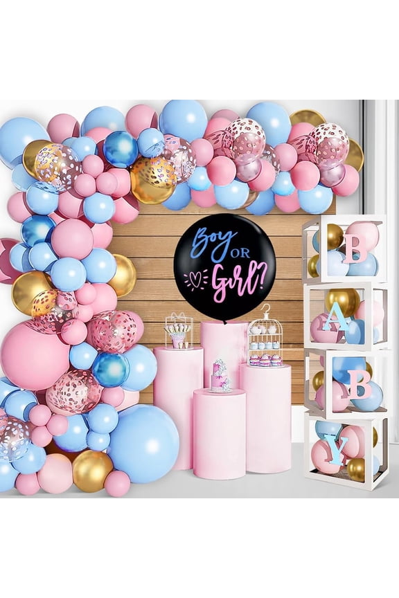 Baby Boxes Gender Reveal Balloon Decorations, Pink and Blue Balloon Garland Arch Kit, Baby Boxes with A-Z+Baby Letters for Gender Reveal Party Supplies