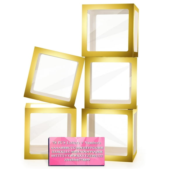 Baby Boxes With Letters SSF20 for Shower, 5 Clear Balloon Boxes With 78 Letters & Numbers, Blocks for Bridal Shower Gender Reveal Decorations Birthday Wedding Party Grad Backdrop, Gold