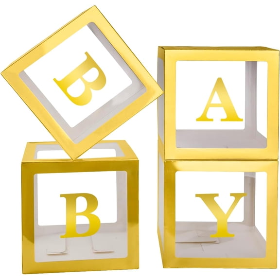 Baby Boxes with 4 PCS Letters for Baby Shower White Clear Balloon Box Blocks Gender Reveal Decorations and Birthday Party (Gold)
