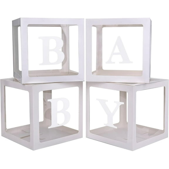 Baby Boxes with 4 PCS Letters for Baby Shower White Clear Balloon Box Blocks Gender Reveal Decorations and Birthday Party (White)