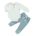 thumbnail image 1 of Baby Boy 2 Piece Outfit 3 6 12 18 24M Solid Color Ribbed Button Long Sleeve Rompers and Elastic Pants Fall Spring Clothes, 1 of 10
