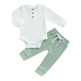 thumbnail image 1 of Baby Boy 2 Piece Outfit 3 6 12 18 24M Solid Color Ribbed Button Long Sleeve Rompers and Elastic Pants Fall Spring Clothes, 1 of 10