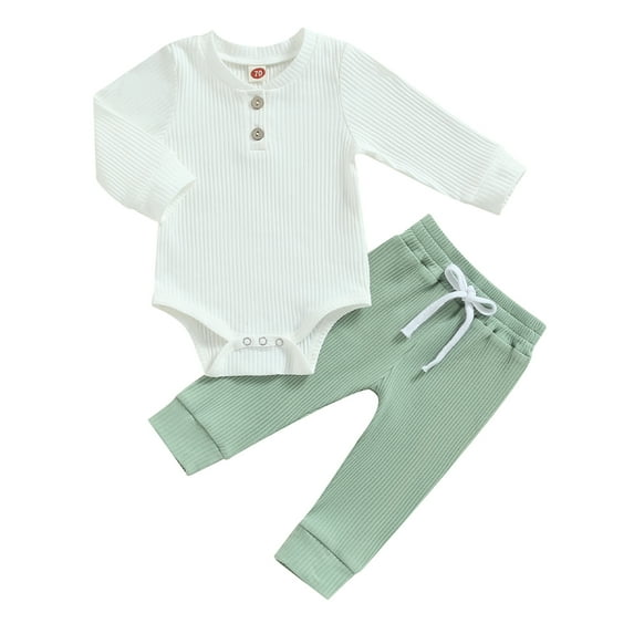 Baby Boy 2 Piece Outfit 3 6 12 18 24M Solid Color Ribbed Button Long Sleeve Rompers and Elastic Pants Fall Spring Clothes