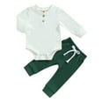 thumbnail image 1 of Baby Boy 2 Piece Outfit 3 6 12 18 24M Solid Color Ribbed Button Long Sleeve Rompers and Elastic Pants Fall Spring Clothes, 1 of 10