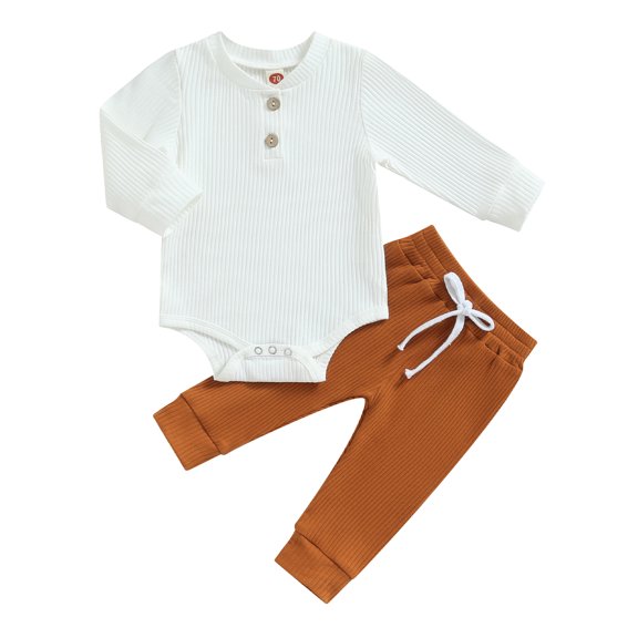 Baby Boy 2 Piece Outfit 3 6 12 18 24M Solid Color Ribbed Button Long Sleeve Rompers and Elastic Pants Fall Spring Clothes