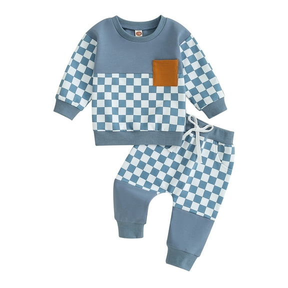Baby Boy 2 Piece Outfits Plaid Long Sleeve Sweatshirt with Pocket and Elastic Pants for Toddler Fall Clothes