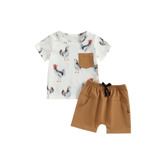 Baby Boy 2 Piece Set, Round Neck Rooster Print Short Sleeve Tops + Elastic Waist Solid Color Shorts Infant Toddler Summer Outfit