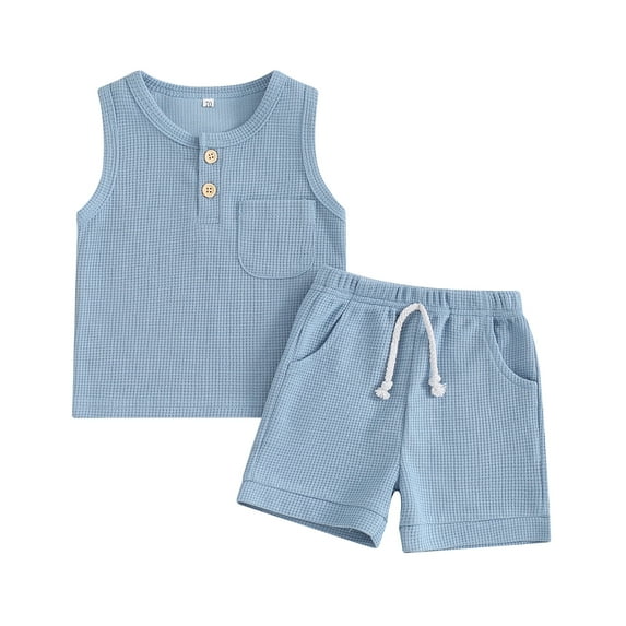 Baby Boy 2 Piece Waffle Outfit, Round Neck Sleeveless Solid Color Tank Tops + Elastic Waist Shorts Infant Toddler Set for Summer