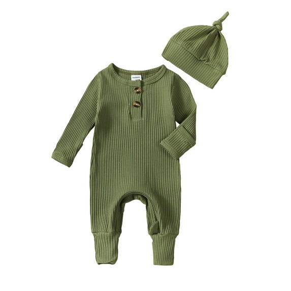 Baby Boy 2 Pieces Outfits Solid Color Ribbed Long Sleeve Romper Jumpsuit with Hat for Infant Toddler Fall Clothes
