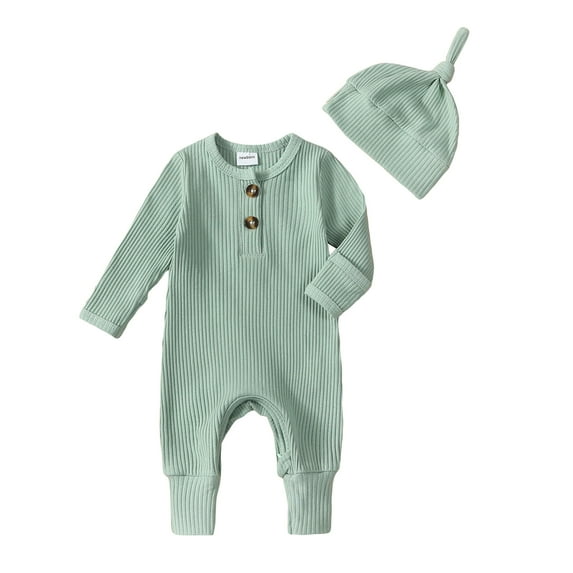 Baby Boy 2 Pieces Outfits Solid Color Ribbed Long Sleeve Romper Jumpsuit with Hat for Infant Toddler Fall Clothes