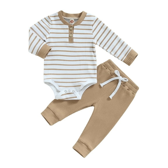 Baby Boy 2Pcs Fall Outfits 3 6 12 18 24M Long Sleeve Striped Print Romper Pants Set Infant Warm Clothes