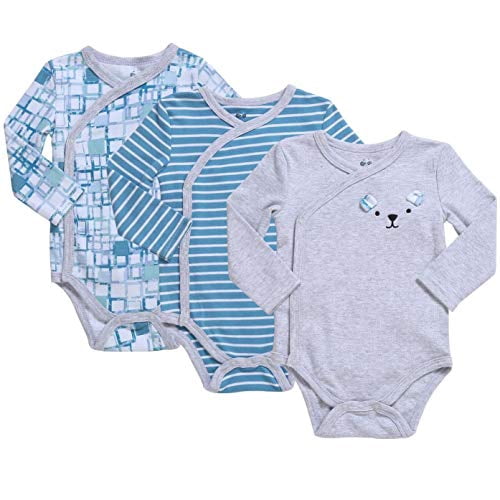 Asher & Olivia Baby Girl's 3-Pack Kimono Bodysuits – Side Snap Long Sleeve Onesies In Light Pink, Stripes & Flower Prints, Newborn Infant Set