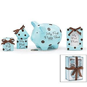 Baby Boy 4 Piece Keepsake Gift Set With Piggy Bank, First Tooth Box,First Curl Box and Photo Frame