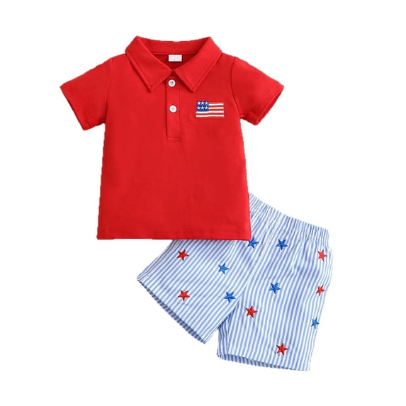 Baby Boy 4th of July Polo and Plaid Shorts Set, Cute 2 Piece Independence Day Outfit for and Toddlers