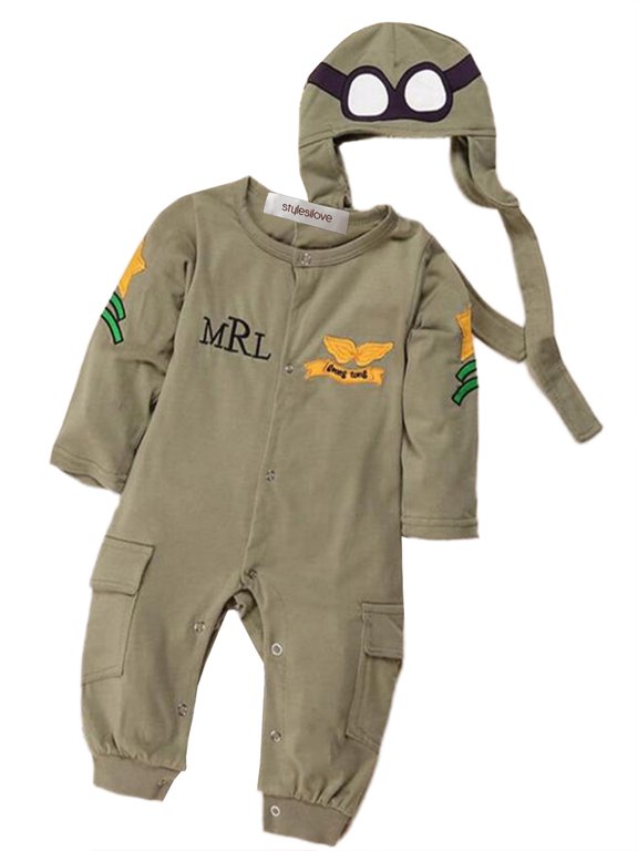Baby Boy Army Air Force Inspired Long Sleeve Photo Prop Romper (80/6-12 Months)
