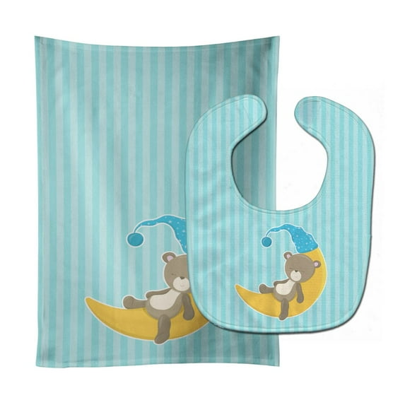Baby Boy Bear on Moon Baby Bib and Burp Cloth