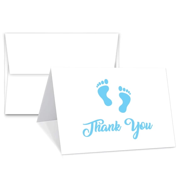 Baby Boy Blue Footprint Thank You Cards With Envelopes - Blank on The Inside - Baby Shower Gifts | 4.25" x 5.5" Inches When folded | Value Pack of 25 Cards & Envelopes