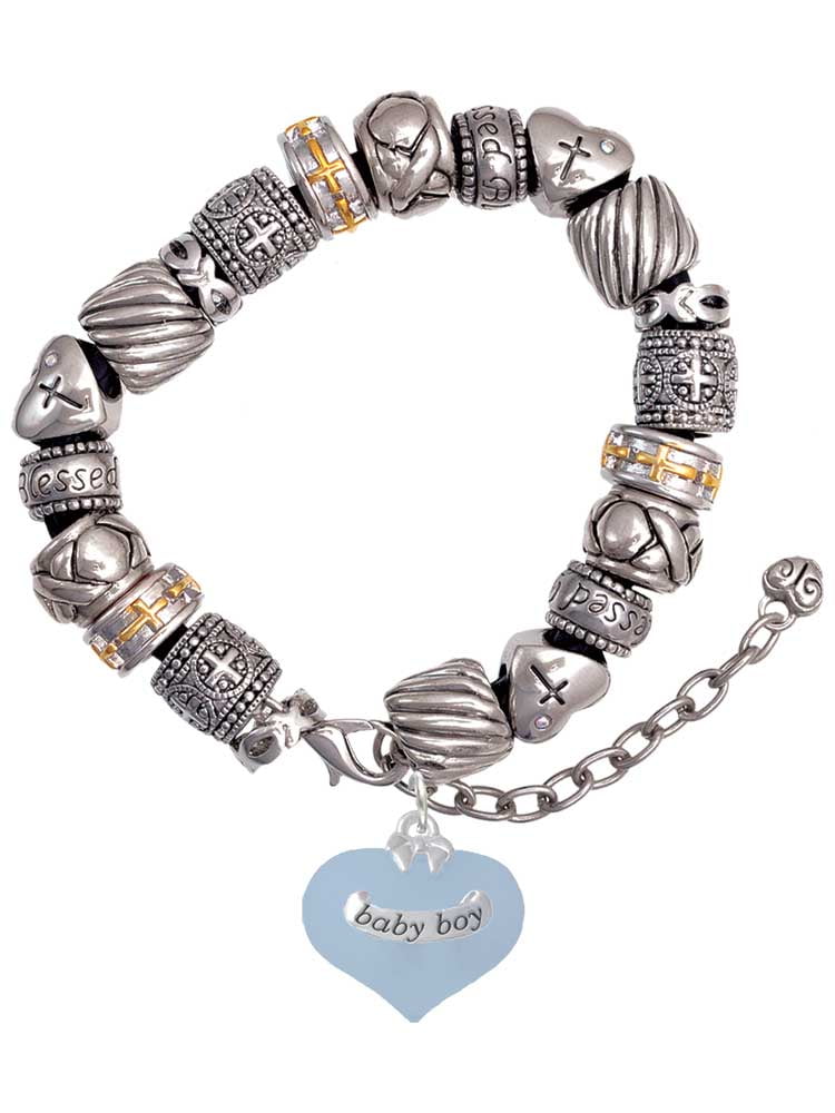 Baby Boy Blue Heart with Baby Feet Silver Tone Christian Bead Bracelet