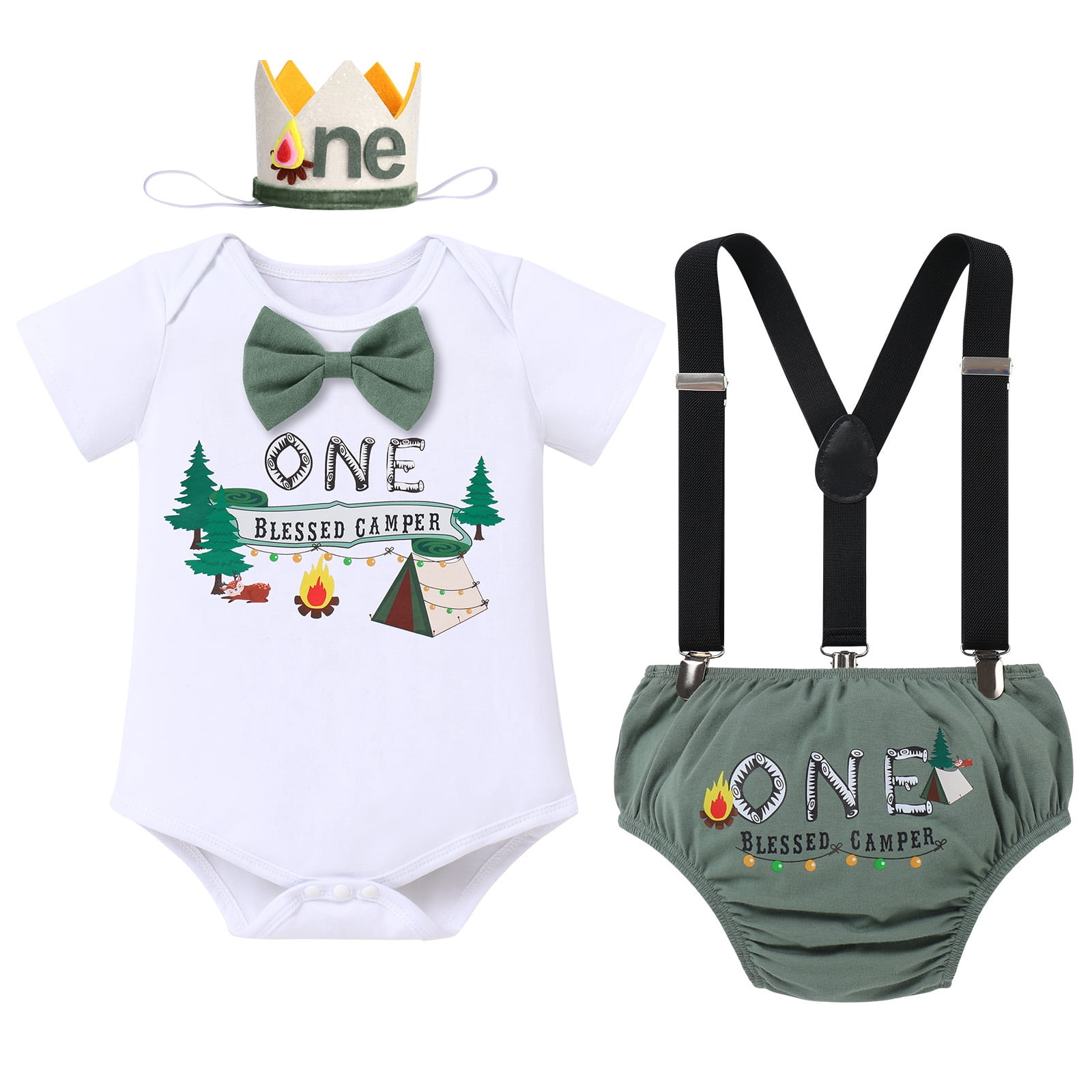 Baby Boy Camping Theme First 1st Birthday Cake Smash Outfit One Year Old  Party Photo Shooting Props Cotton Short Sleeve Romper Diaper Cover Shrots  Suspenders Headband 4pcs Set Army Green 