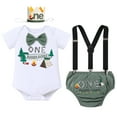 thumbnail image 1 of FYMNSI Baby Boy First Birthday Cake Smash Outfit Camping Theme Short Sleeve Romper+Diaper Cover Shorts+Y-Back Suspenders+Headband 4PCS Photo Shooting Clothes Army Green, 1 of 7