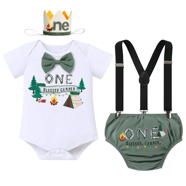 FYMNSI Baby Boy First Birthday Cake Smash Outfit Camping Theme Short Sleeve Romper+Diaper Cover Shorts+Y-Back Suspenders+Headband 4PCS Photo Shooting Clothes Army Green