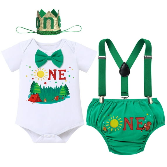 FYMNSI Baby Boy First Birthday Cake Smash Outfit Camping Theme Short Sleeve Romper+Diaper Cover Shorts+Y-Back Suspenders+Headband 4PCS Photo Shooting Clothes Green