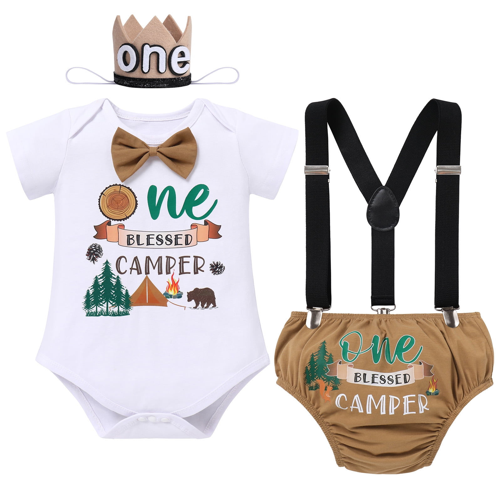 Baby Boy Camping Theme First 1st Birthday Cake Smash Outfit One Year Old  Party Photo Shooting Props Cotton Short Sleeve Romper Diaper Cover Shrots  Suspenders Headband 4pcs Set Red Plaid 
