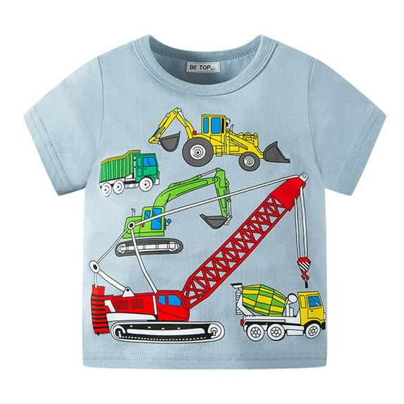Baby Boy Cartoon Car Tractor Excavator Graphic Pattan T-Shirt Short Sleeve Crewneck Tees Cotton Tunic Spring and Summer Tops Shirt (6-7 Years, Sky Blue)
