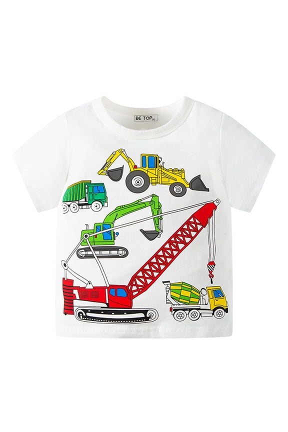 Baby Boy Cartoon Car Tractor Excavator Graphic Pattan T-Shirt Short Sleeve Crewneck Tees Cotton Tunic Spring and Summer Tops Shirt (5-6 Years, White)
