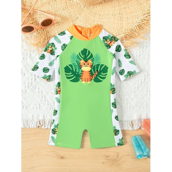 Baby Boy Cartoon Tiger And Tropical Printed Short Sleeve One-Piece Swimsuit With Shoulder Pads