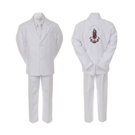 Baby Boy Christening Formal White Single Breasted Suit Silver Gold Guadalupe on Back Sm-20