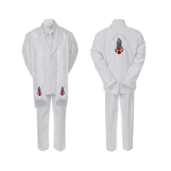 Baby Boy Christening Formal White Single Breasted Suit Silver Gold Guadalupe on Stole & Back Sm-20
