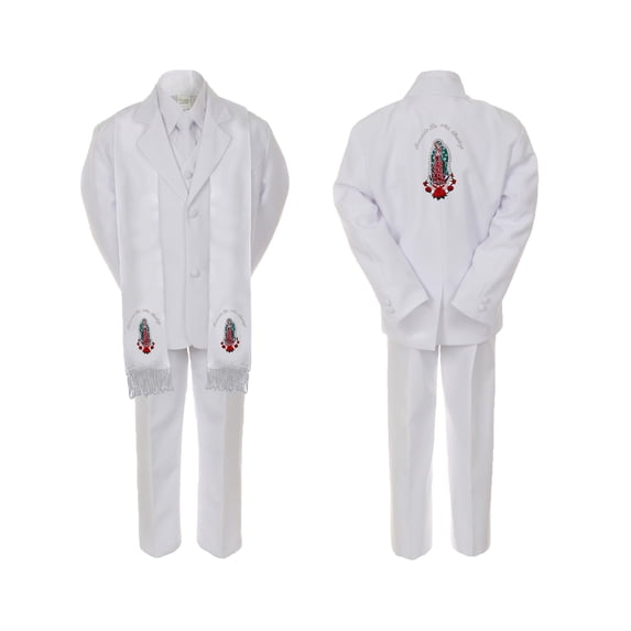 Baby Boy Christening Formal White Single Breasted Suit Silver Gold Guadalupe on Stole & Back Sm-20