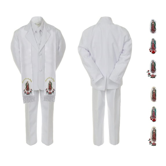 Baby Boy Christening Formal White Single Breasted Suit Silver Gold Guadalupe on Stole Sm-20