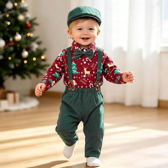 Baby Boy Christmas Gentleman Outfit Set â Versatile 4-Piece Holiday Clothing for in Sizes 6M-24M, Cute Long Sleeve Suspenders Pants for First Christmas Photos and Family Gatherings
