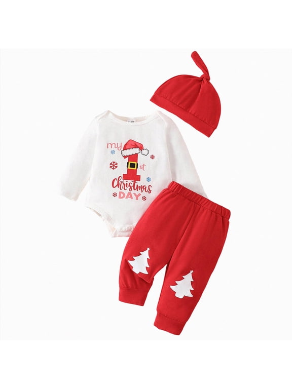Baby Boy Christmas Outfit My First Christmas Letter Romper+Pants+ Hat 3PC Clothes Set 0 3 6 12 18 Months Kaprioy Baby Boy Clothes