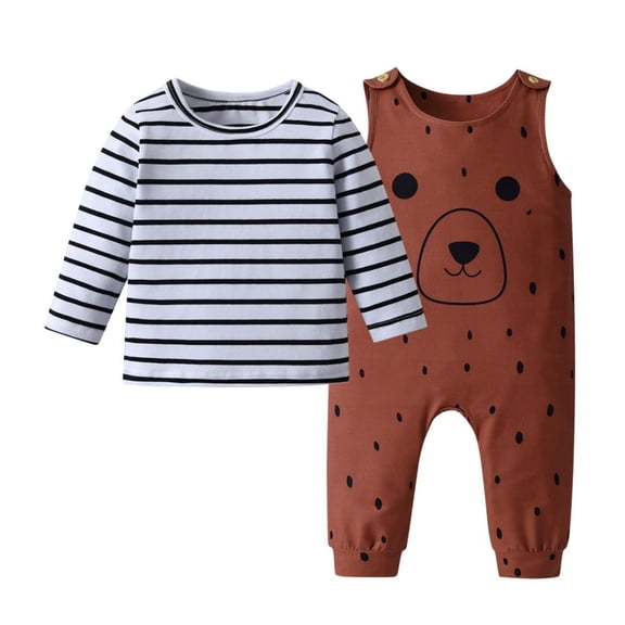 Baby Boy Clothes Animal Style Long Sleeve Stripe Tops Sleeveless Jumpsuit Pants Outfit Set Brown 6-9 Months