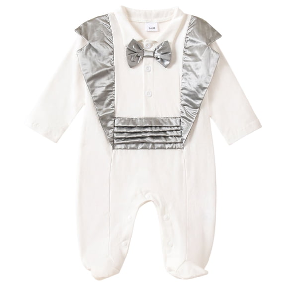 Baby Boy Clothes Breathable Gentleman Tuxedo Footie Romper Jumpsuit with Bowtie Two Piece Photography Outfits Gray