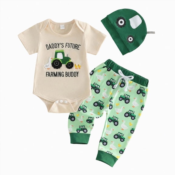 Baby Boy Clothes Daddy's Future Farming Buddy Letter Print Short Sleeve Romper And Pants 3-Piece Set With Hat Spring Outfit