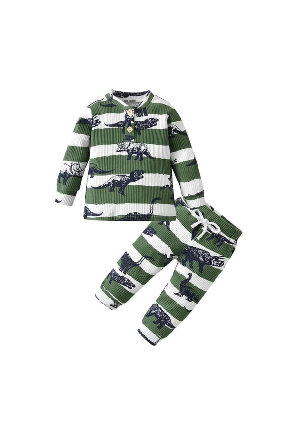 Baby Boy Clothes Dinosaurs Pattern Long Sleeve Tops and Stripes Long Pants Fall Outfits Green 3-6 Months