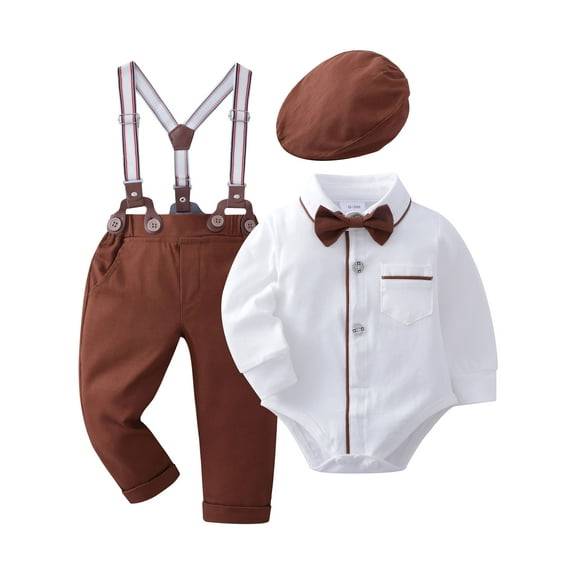 Baby Boy Clothes Gentleman Outfit Suits Bowtie Romper Shirts Suspender Pants Hat Bowtie 0-18M 4pcs