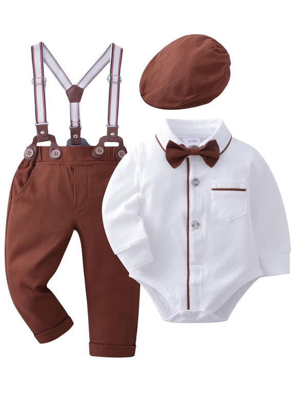 Baby Boy Clothes Gentleman Outfit Suits Bowtie Romper Shirts Suspender Pants Hat Bowtie 0-18M 4pcs